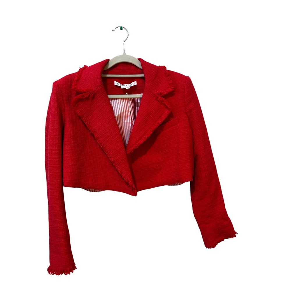 Veronica Beard Red Tweed Cropped Blazer Jacket Frayed Trim Silver Crest Button 4